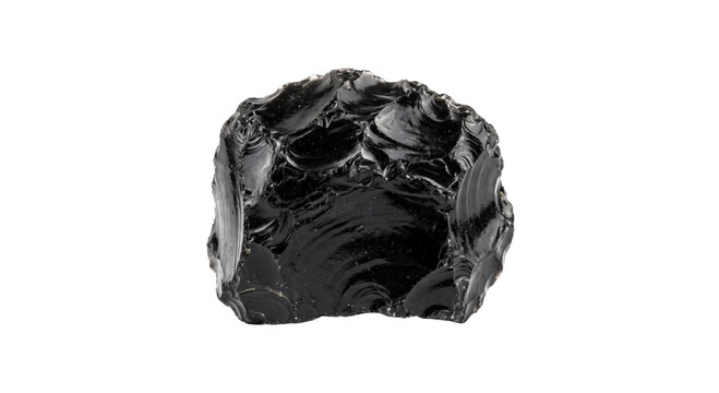 Sharp black obsidian rock with conchoidal fracture patterns on white background