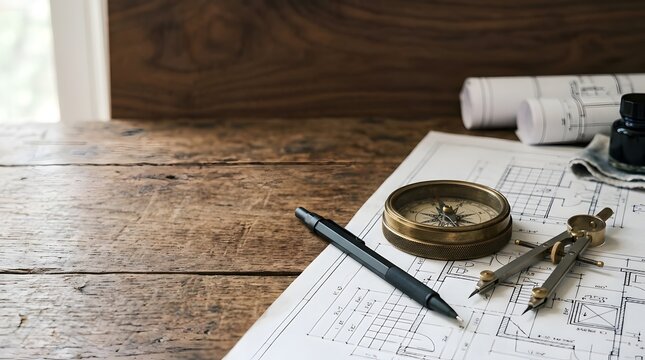 Antique Compass and Drafting Tools on Architectural Blueprint Table