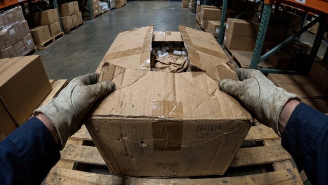 Worker Inspecting Damaged Package Before Distribution Process in Warehouse Environment