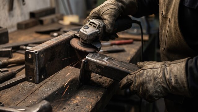 Worker Repairing Metal Bracket with Grinder in Dimly Lit Workshop Environment