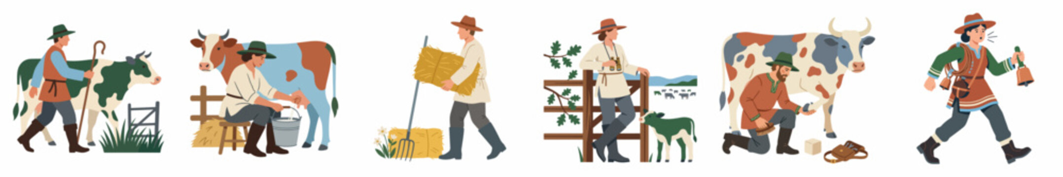 Collection of flat vector illustrations depicting diverse agricultural activities such as milking cows, herding sheep, and carrying hay bales on a white background.