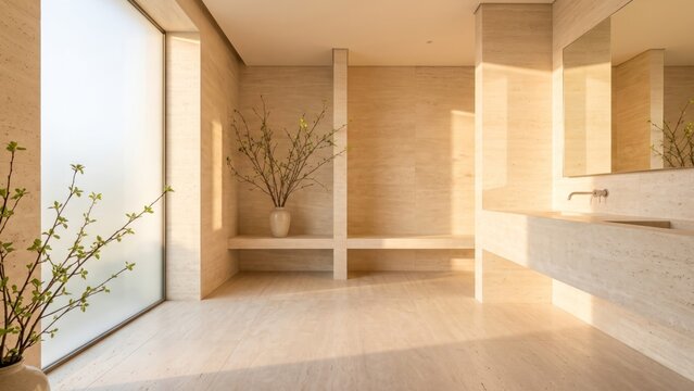Bright and Premium Morning Bathroom with Natural Stone Surfaces and Minimalist Design