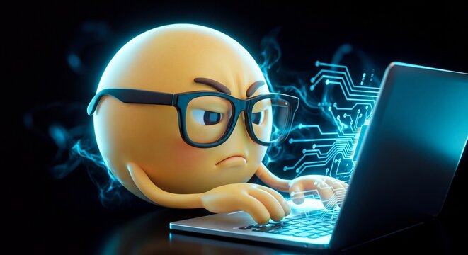 Angry yellow emoji character wearing glasses typing intensely on a laptop with digital circuit board patterns
