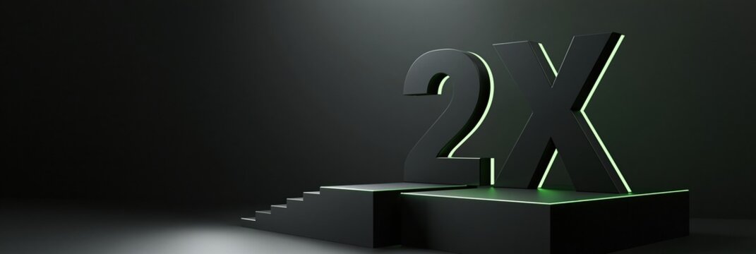 Two architectural platforms lead to the characters 2X, representing growth and performance in a corporate technology setting with dark light.