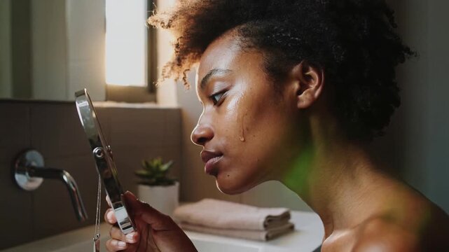 Droplet appearing, woman with bare shoulders applying skincare at vanity with mirror checking skin