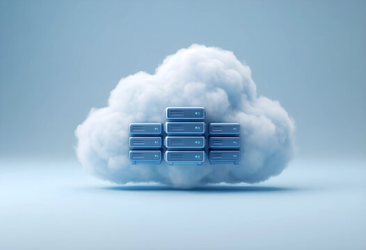 Cloud computing and data storage infrastructure, digital transformation and network security with server racks inside a fluffy blue cloud