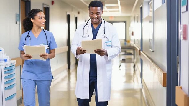 Rounding nurse in scrubs and doctor in white coat walking, reviewing charts in hospital corridor