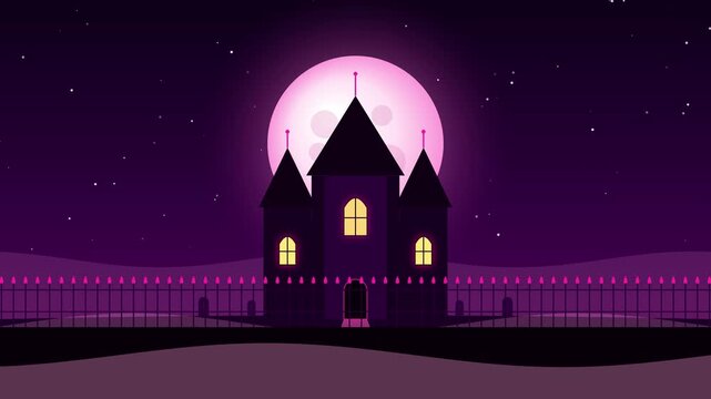 Haunted castle silhouette under glowing moon pixel art loop
