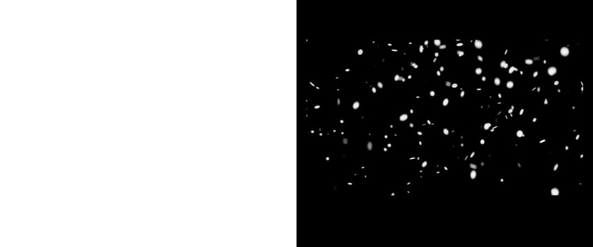Snowfall alpha mask and luma matte on black background, white falling snow particles, winter weather overlay for video editing and motion graphics