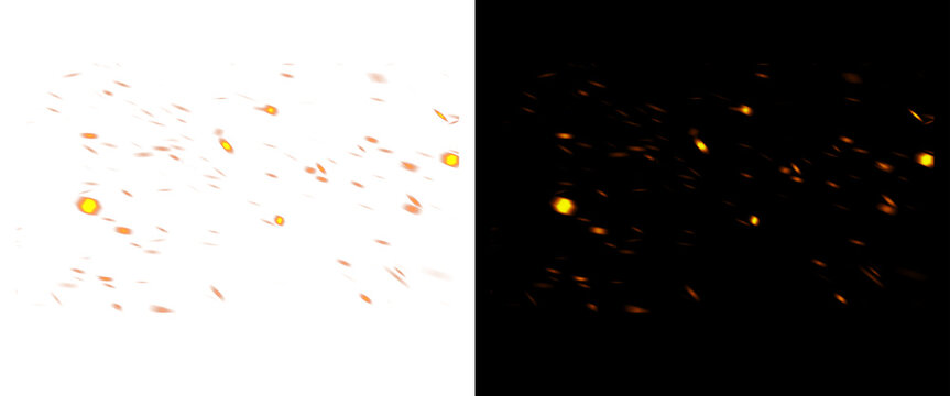 Glowing fire sparks and burning embers, flying hot charcoal particles on black and white backgrounds, cinematic heat effect for overlays