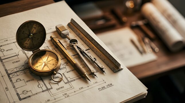 Brass Compass and Drafting Tools on Architectural Blueprint Floor Plan