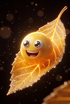 Cute happy emoji character sitting on a glowing golden autumn leaf with water droplets in a dark magical setting