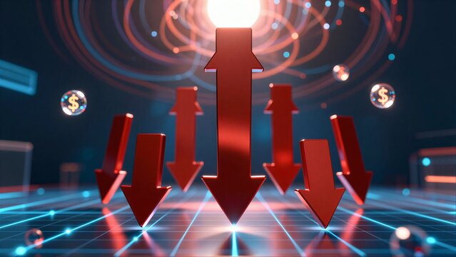 Red arrows point down amidst glowing dollar signs, symbolizing financial decline.