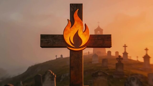 Advancing camera revealing wooden cross at hilltop cemetery, sunrise backlighting flame emblem