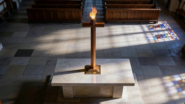 Shifting sunlight causing cross casting shadow and flame flickering on marble altar, stained glass