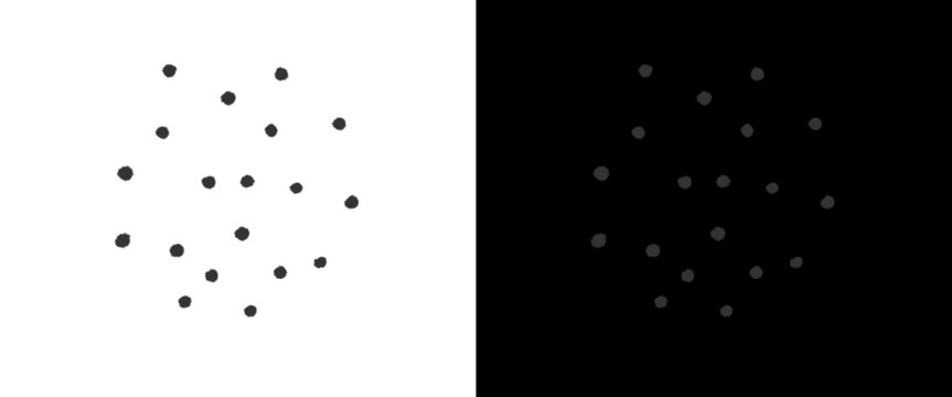 Minimalist black and white polka dot pattern, scattered hand drawn circular dots, abstract geometric texture for modern graphic design