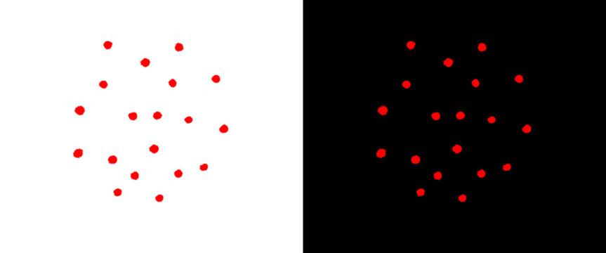 Red laser dot pattern set, glowing light points on black and white backgrounds, abstract pointer light spots for presentation and technology