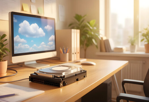 Cloud computing and data storage, hard drive on office desk with computer monitor showing sky and clouds for digital transformation and backup solutions