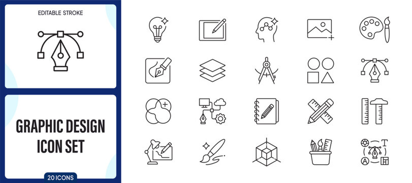 Graphic design icon set, including tools for digital illustration, vector drawing, creative process, and artistic workspace elements, thin line style vector illustration