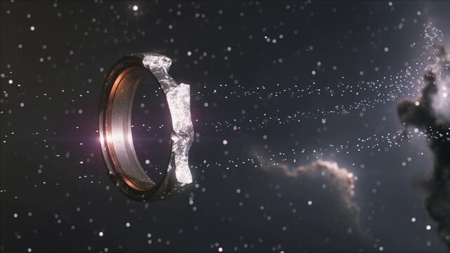 Floating ring with rough gemstone pulsing light, sending particles to nebula in space, copy space