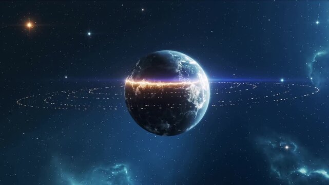 Rotating Earthlike planet showing equator seam brightening, sparking rings pulsing in space, nebula