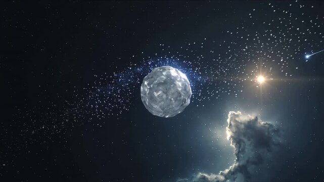 Reacting to blue debris cloud, textured body in deep space releasing debris stream toward warm star