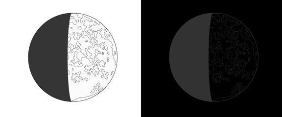 Minimalist moon phase illustration, celestial lunar cycle graphic, black and white astronomical sphere icon set for educational design © Transparent Studio