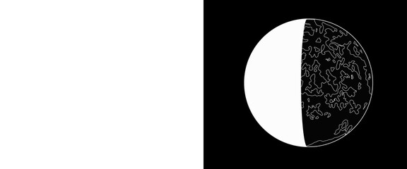Minimalist moon phase illustration, black and white lunar cycle graphic, celestial astronomical sphere on dark background, geometric space art © Transparent Studio