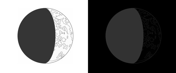 Minimalist moon phase illustrations, black and white lunar cycle graphics, celestial waxing crescent moon icons for astronomical design © Transparent Studio