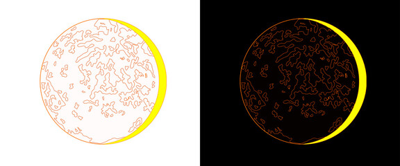 Minimalist moon line art illustration, lunar surface topography with glowing yellow crescent, celestial sphere icons on white and black backgrounds © Transparent Studio