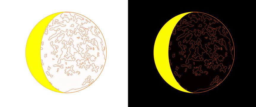 Minimalist crescent moon illustration, celestial lunar cycle icon set, yellow and black astronomical moon phases for graphic design and branding