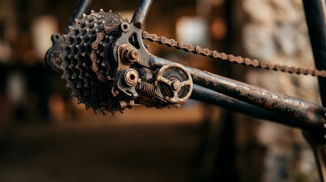 Close up of vintage bicycle gear cassette and rusted metal chain
