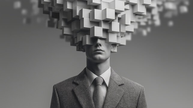 Abstract Mind: A man in a suit wears a helmet made of floating cubes, representing complex thought processes, fragmented ideas, or information overload.