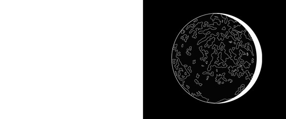 Minimalist moon line art illustration, celestial lunar sphere outline on black background, astronomical satellite sketch for modern design © Transparent Studio