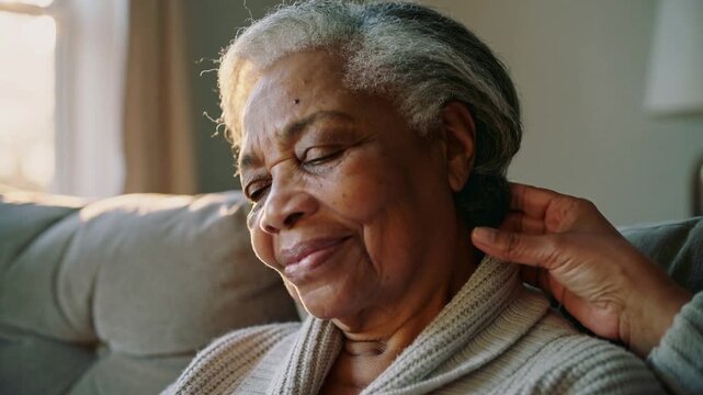 Reaching companion's hand tucking hair behind senior woman in knit cardigan on sofa