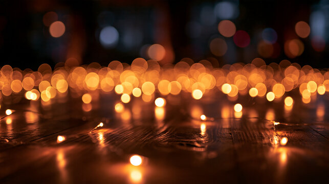 Warm Fairy Lights Bokeh on Wooden Floor Background