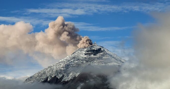 Cotopaxi Volcano, Ecuador, erupting, 12th of May 2023,. Volcanic ash is erupting from the crater. At 5897m altitude one of the world's highest active volcanoes.