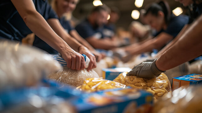 Volunteers Packing Food Donations for Charity Drive