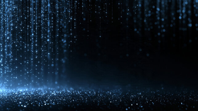 Blue Sparkling Glitter Rain Over Dark Background