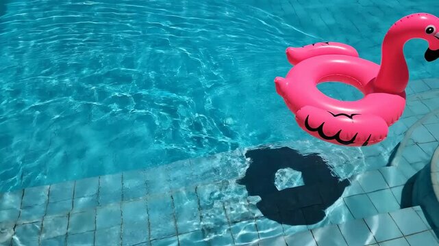 A bright pink flamingo float rests on the surface of a clear blue swimming pool surrounded by sunlit tiles. The scene captures a moment of summer leisure