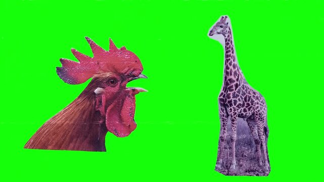 Rooster and Giraffe. Vibrant red rooster farm bird alongside tall giraffe safari wildlife, barnyard poultry and safari animal contrast
