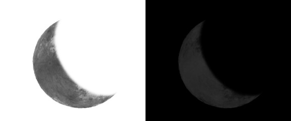 Crescent moon phase illustration set, realistic lunar surface textures on black and white backgrounds, celestial astronomy design elements © Smart Studio