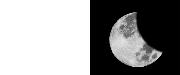 Crescent moon phase illustration on black background, detailed lunar surface with craters, glowing celestial body in dark night sky © Smart Studio