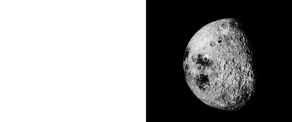 Realistic moon illustration with alpha channel mask. Detailed lunar surface with craters on black background. High contrast celestial body for space design. © Smart Studio