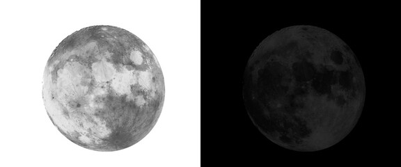 Realistic full moon illustration set, detailed lunar surface with craters, celestial moon icons on white and black backgrounds © Smart Studio