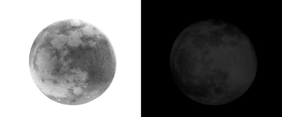Full moon illustration set on white and black backgrounds, detailed lunar surface with craters, celestial astronomical planet design elements © Smart Studio