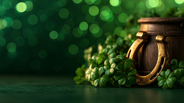 St Patricks Day Background with Golden Horseshoe and Shamrocks