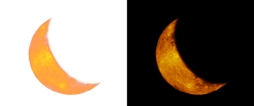 Glowing crescent moon illustration set, golden lunar phase icons on white and black backgrounds, textured orange moon celestial design elements
