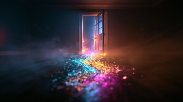 Glowing Open Doorway with Magical Colorful Light Trail
