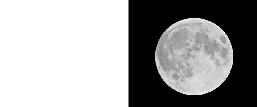 Full moon illustration with alpha channel mask, realistic lunar surface on black background, celestial satellite cutout for compositing